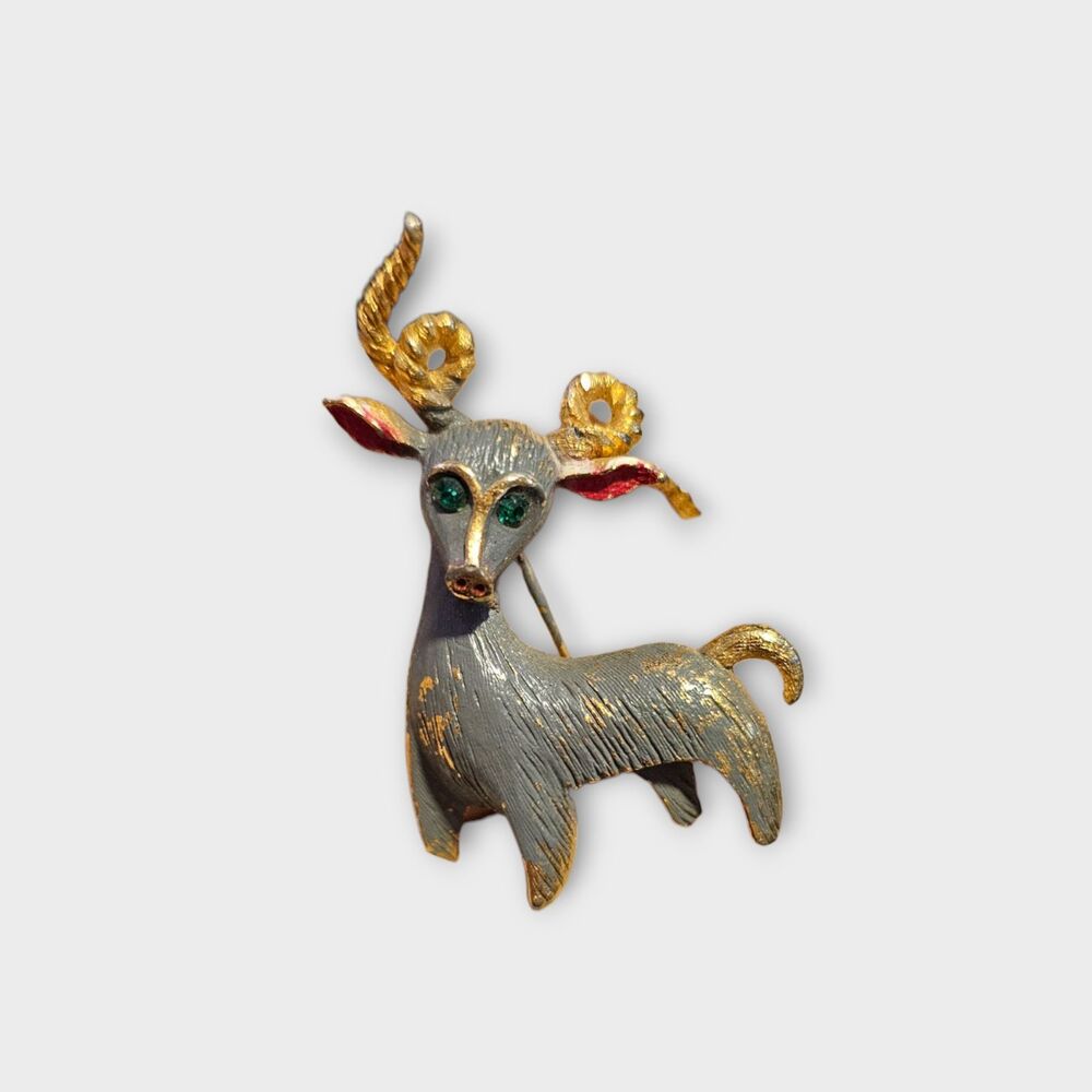 Vintage Mam’selle Deer Brooch Gold-Tone Figural Pin w/ Enamel & Rhinestone Eyes